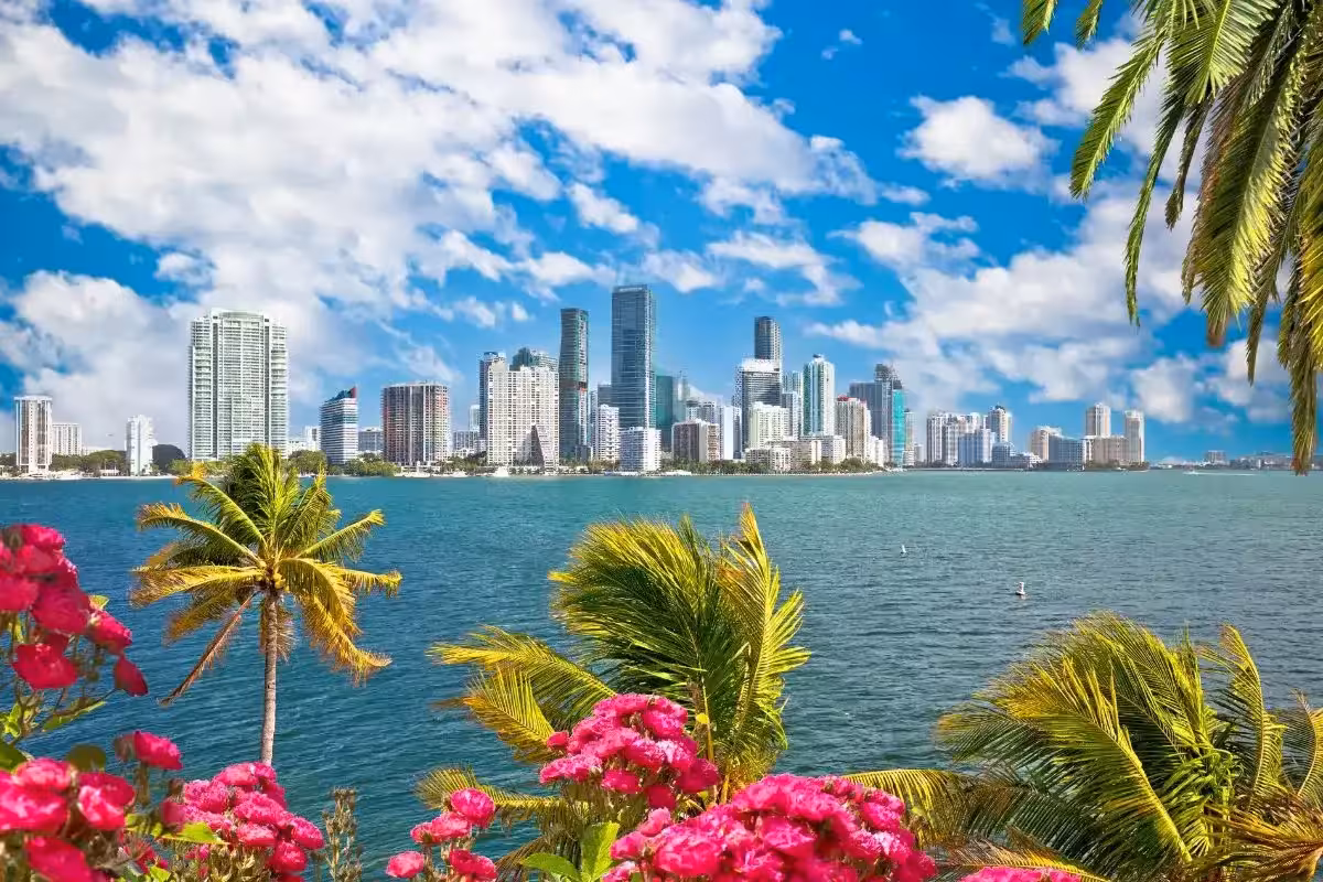 Miami Beach with turquoise water and modern buildings